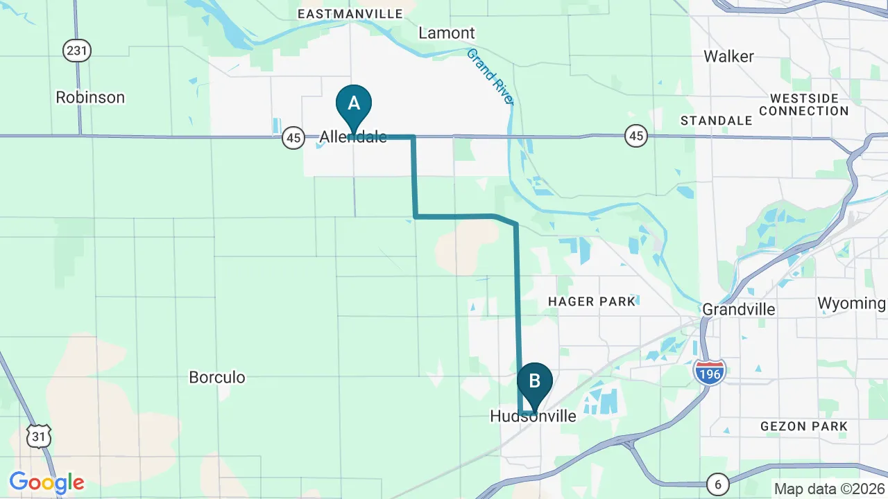 Driving directions map from Allendale, MI to Wellcare Chiropractic And Rehabilitation Clinic in houston