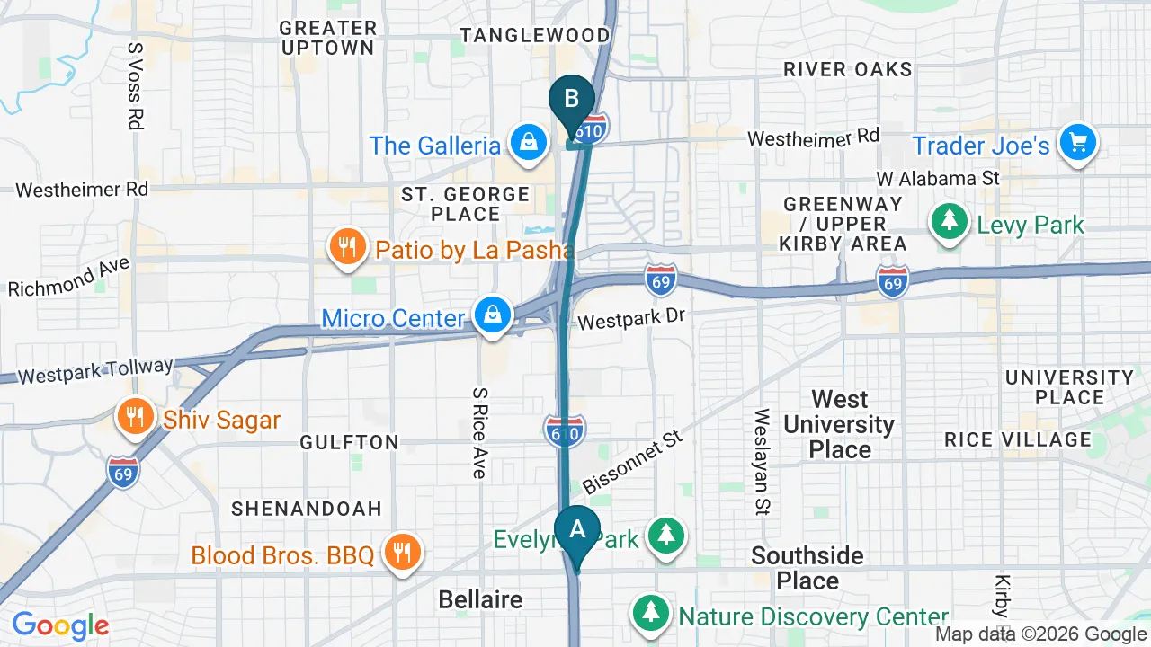 Driving directions map from Bellaire, TX to Wellcare Chiropractic And Rehabilitation Clinic in Houston