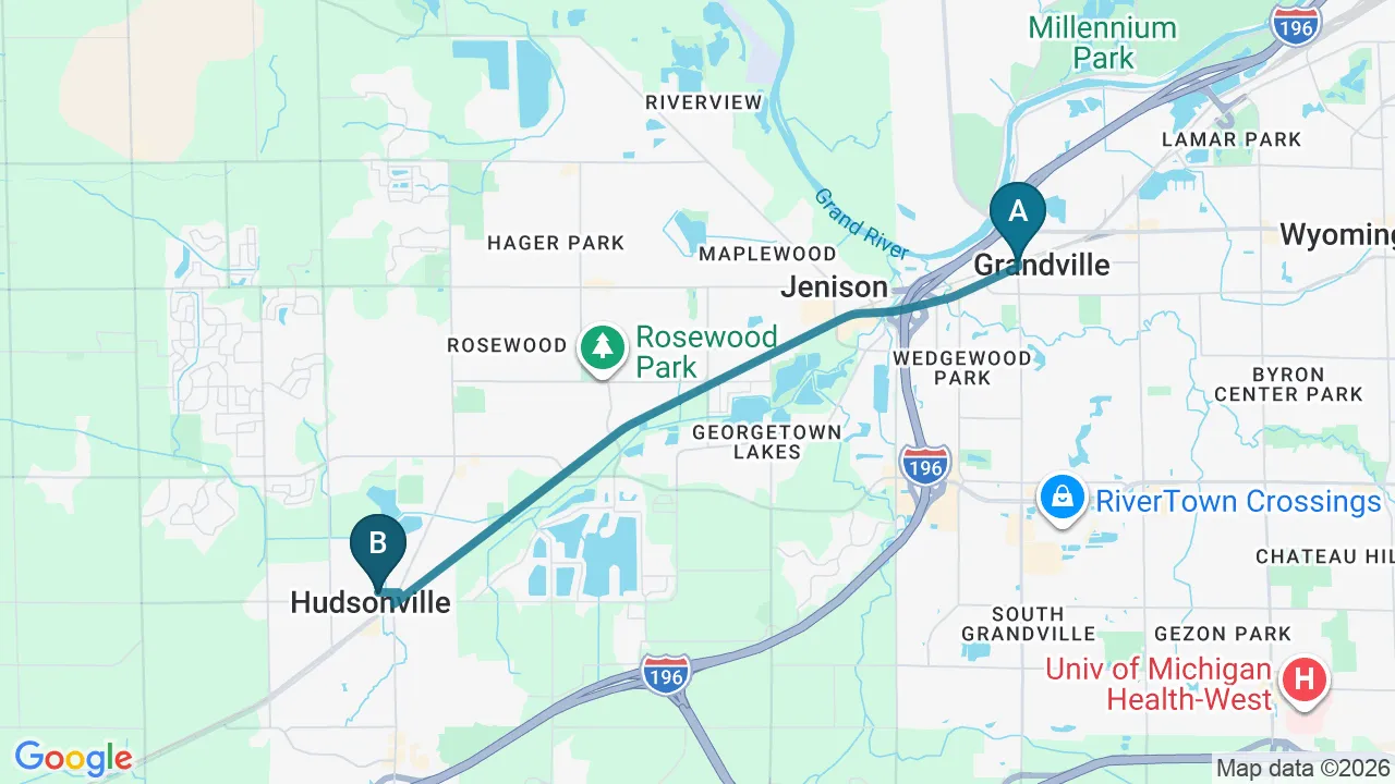 Driving directions map from Grandville, MI to Wellcare Chiropractic And Rehabilitation Clinic in houston