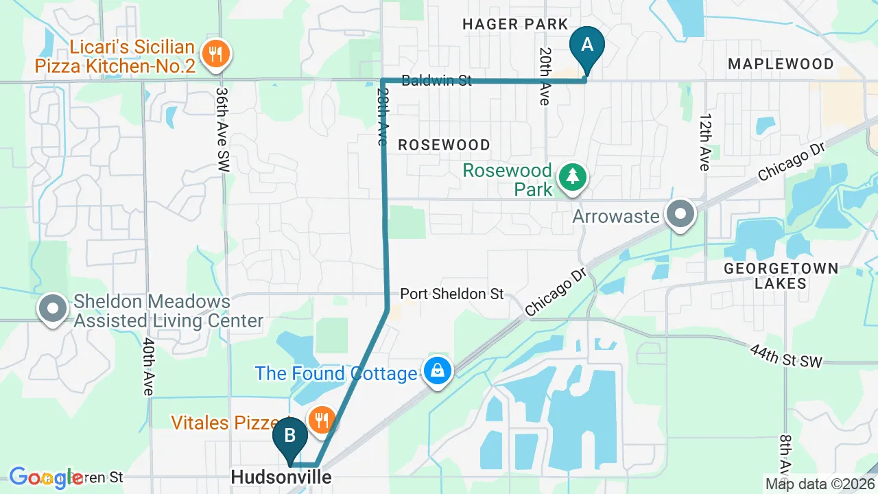 Driving directions map from Jenison, MI to Wellcare Chiropractic And Rehabilitation Clinic in houston