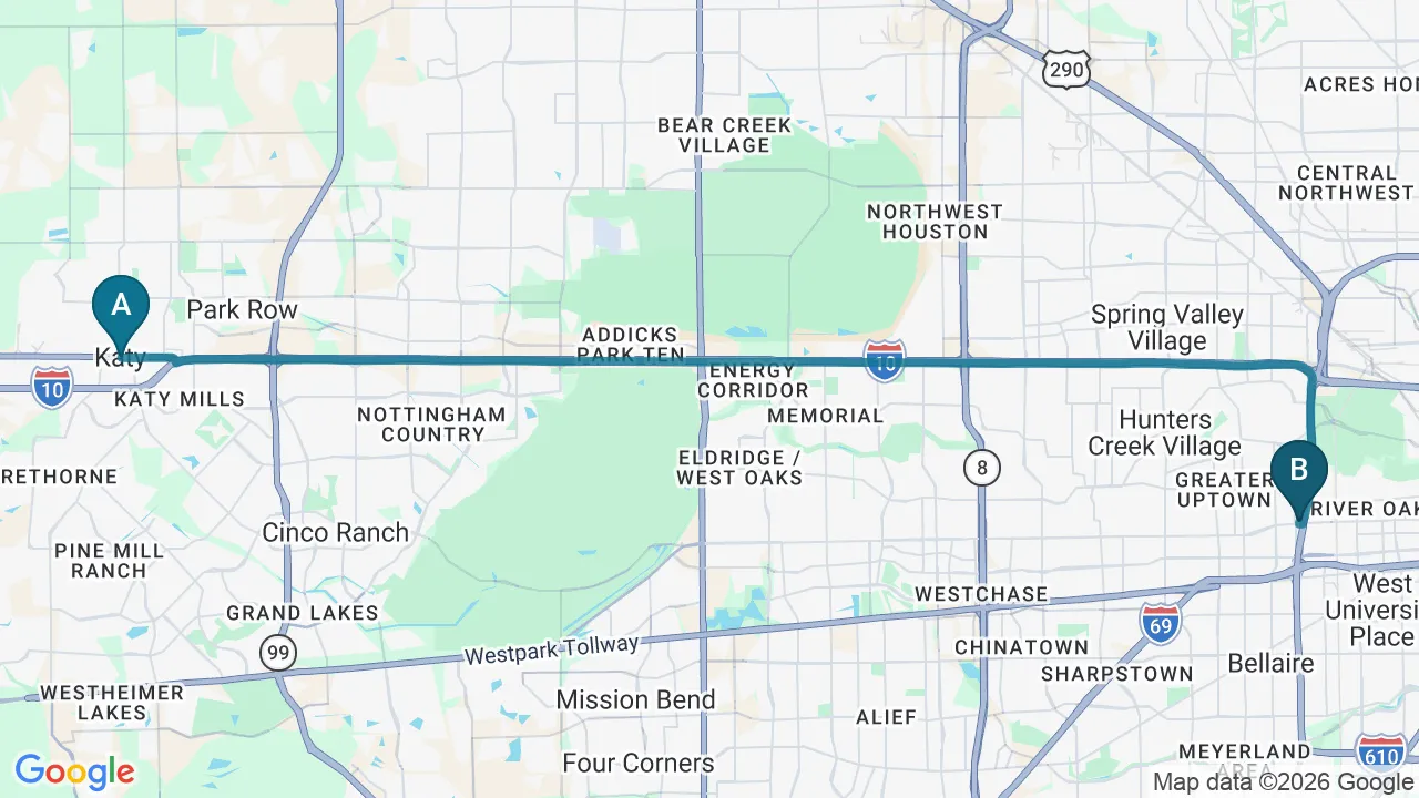 Driving directions map from Katy, TX to Wellcare Chiropractic And Rehabilitation Clinic in Houston