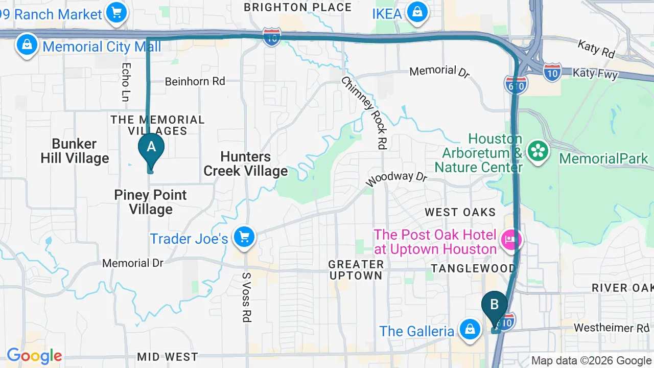 Driving directions map from Memorial, Houston to Wellcare Chiropractic And Rehabilitation Clinic in Houston
