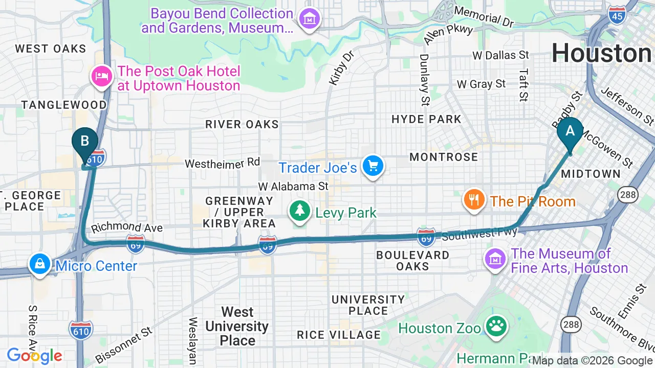 Driving directions map from Midtown, Houston to Wellcare Chiropractic And Rehabilitation Clinic in Houston