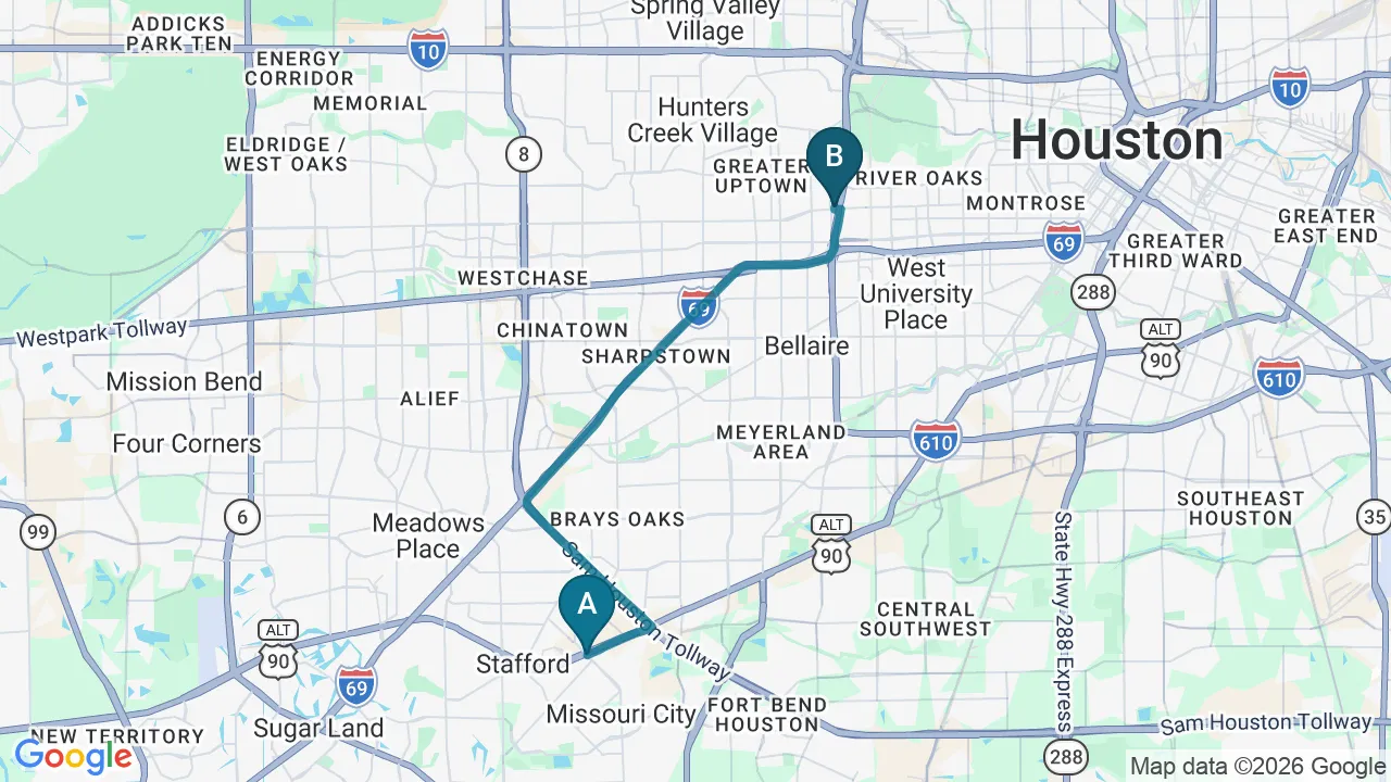 Driving directions map from Missouri City, TX to Wellcare Chiropractic And Rehabilitation Clinic in Houston