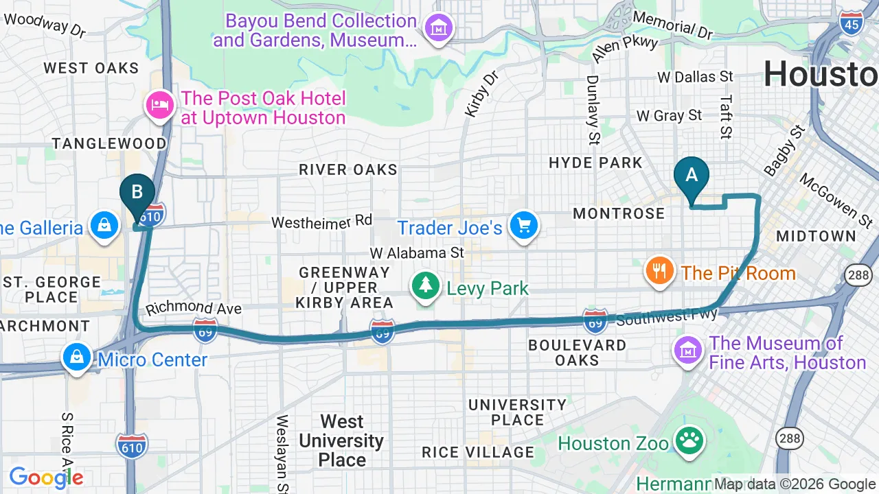 Driving directions map from Montrose, Houston to Wellcare Chiropractic And Rehabilitation Clinic in Houston