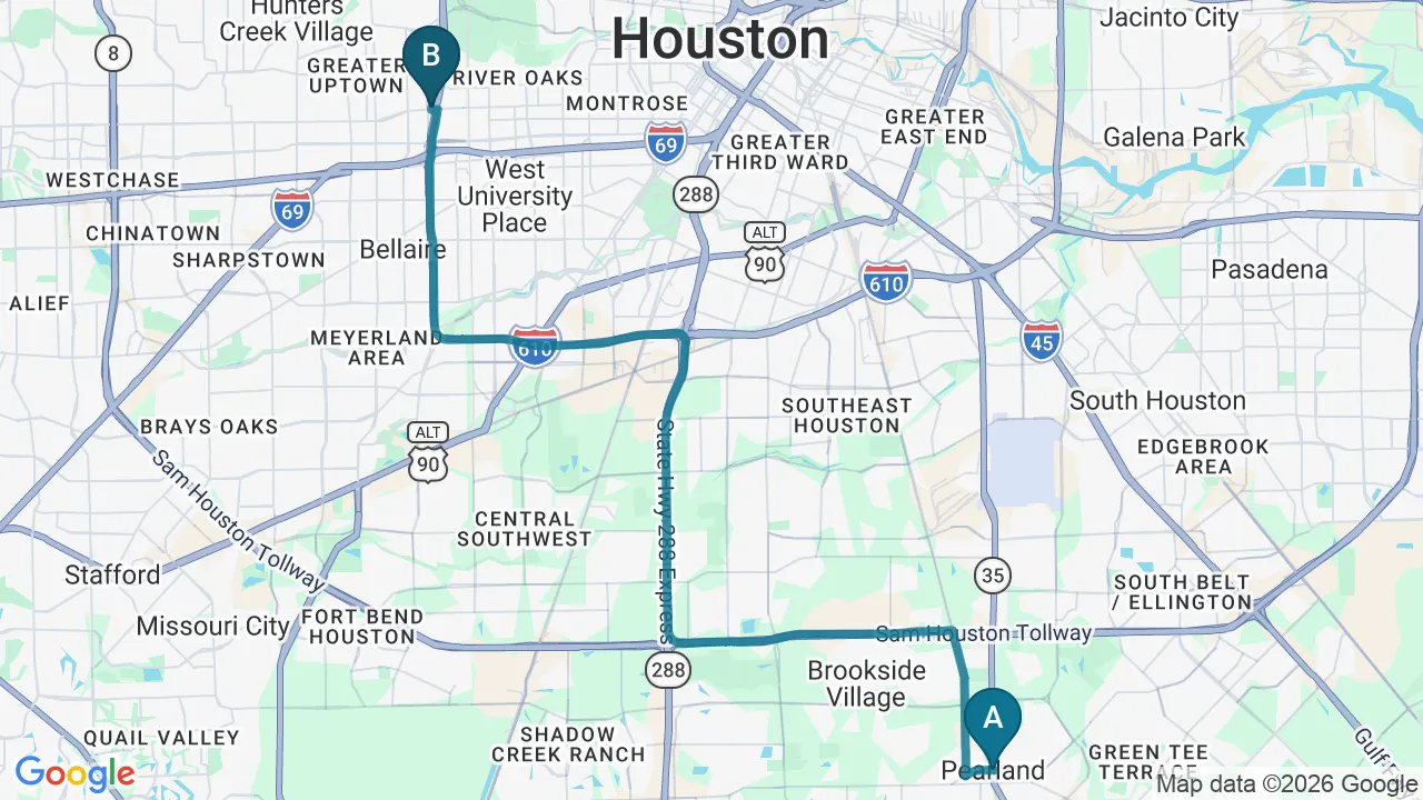 Driving directions map from Pearland, TX to Wellcare Chiropractic And Rehabilitation Clinic in Houston