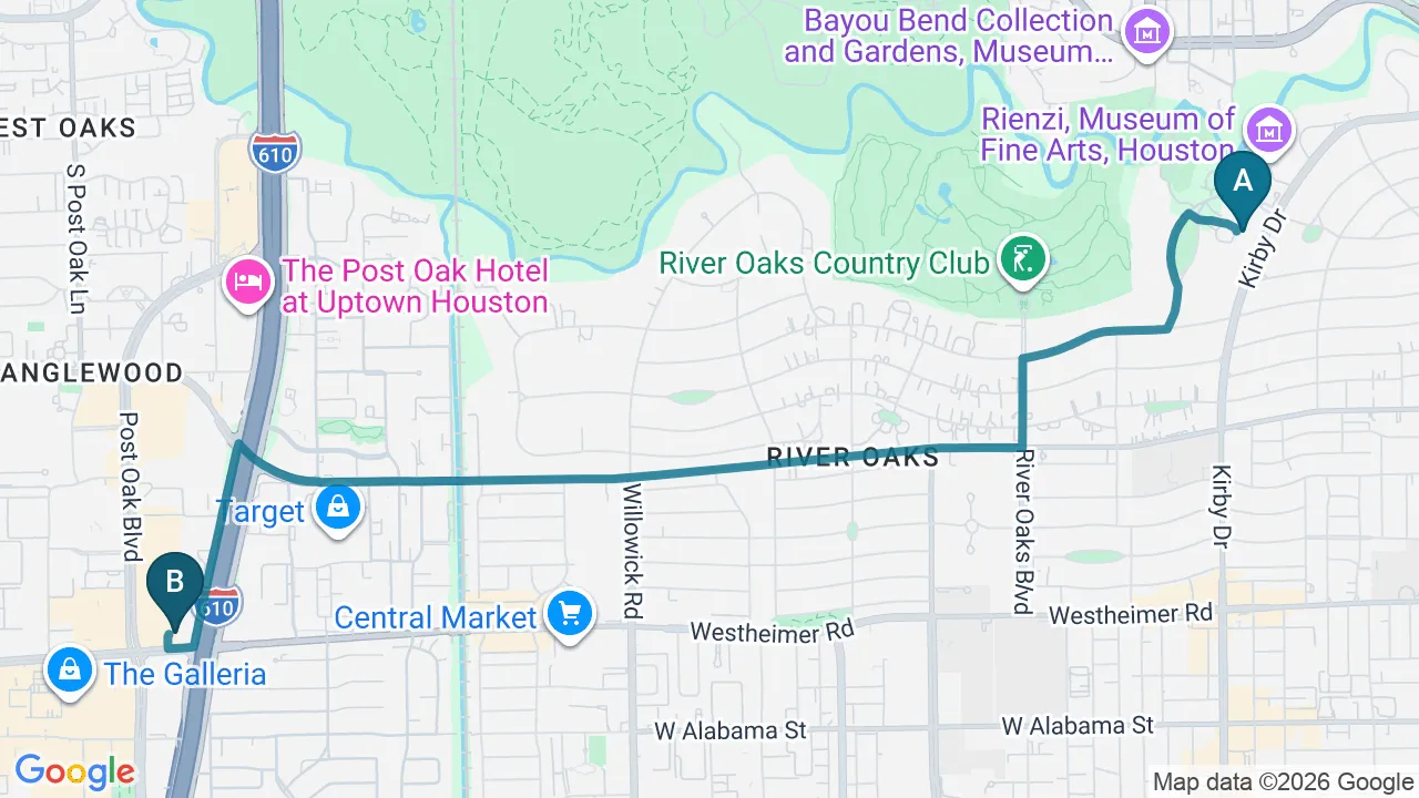 Driving directions map from River Oaks, Houston to Wellcare Chiropractic And Rehabilitation Clinic in Houston