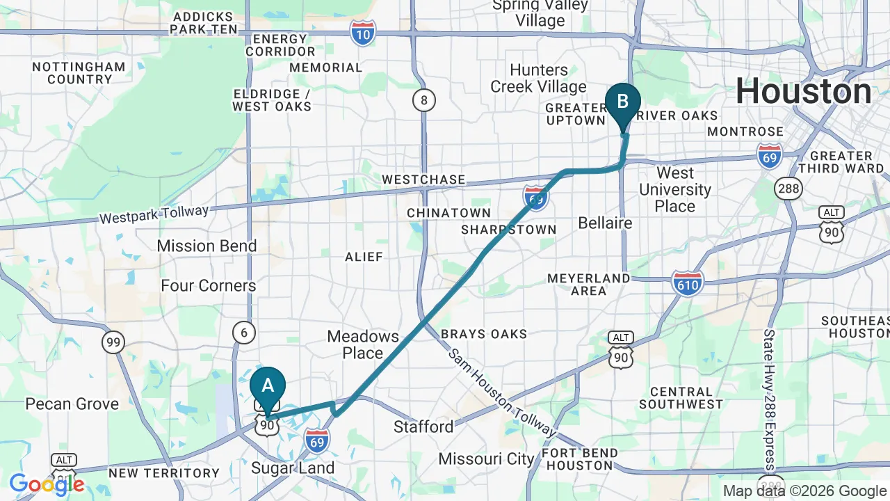Driving directions map from Sugar Land, TX to Wellcare Chiropractic And Rehabilitation Clinic in Houston