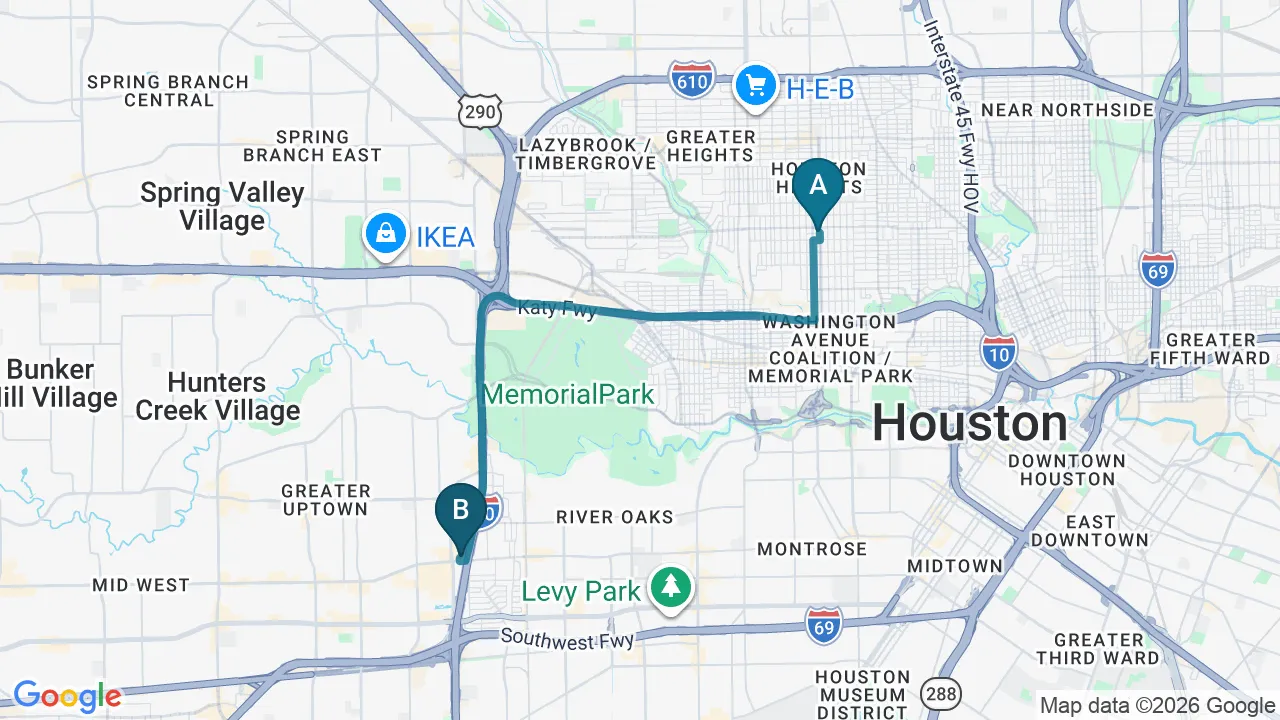 Driving directions map from The Heights, Houston to Wellcare Chiropractic And Rehabilitation Clinic in Houston