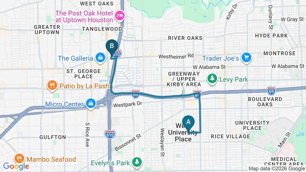 Driving directions map from West University Place, TX to Wellcare Chiropractic And Rehabilitation Clinic in Houston